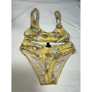 LA Hearts Yellow Floral Bikini Set Scoop Top High Leg Swimwear XS